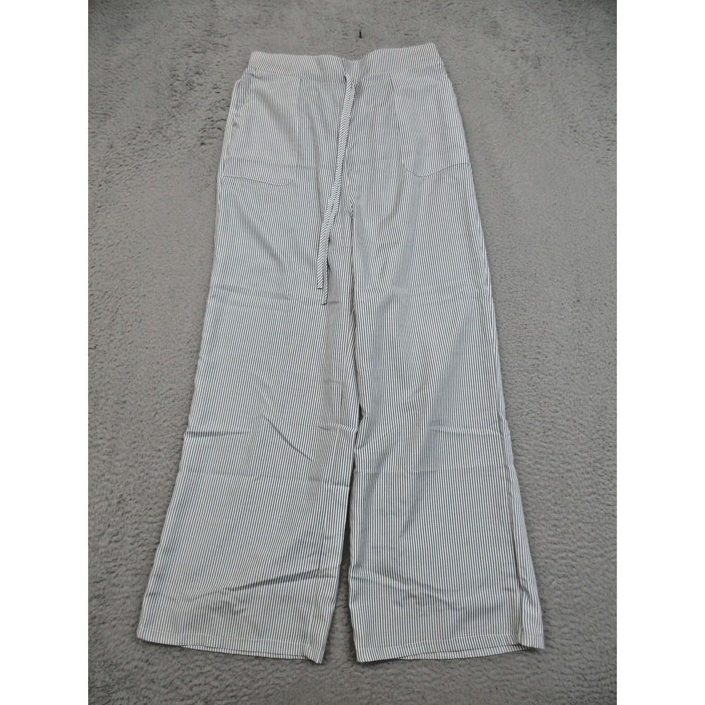 Striped Wide Leg Pants Womens L Gray Drawstring Elastic Waist Coastal Casual